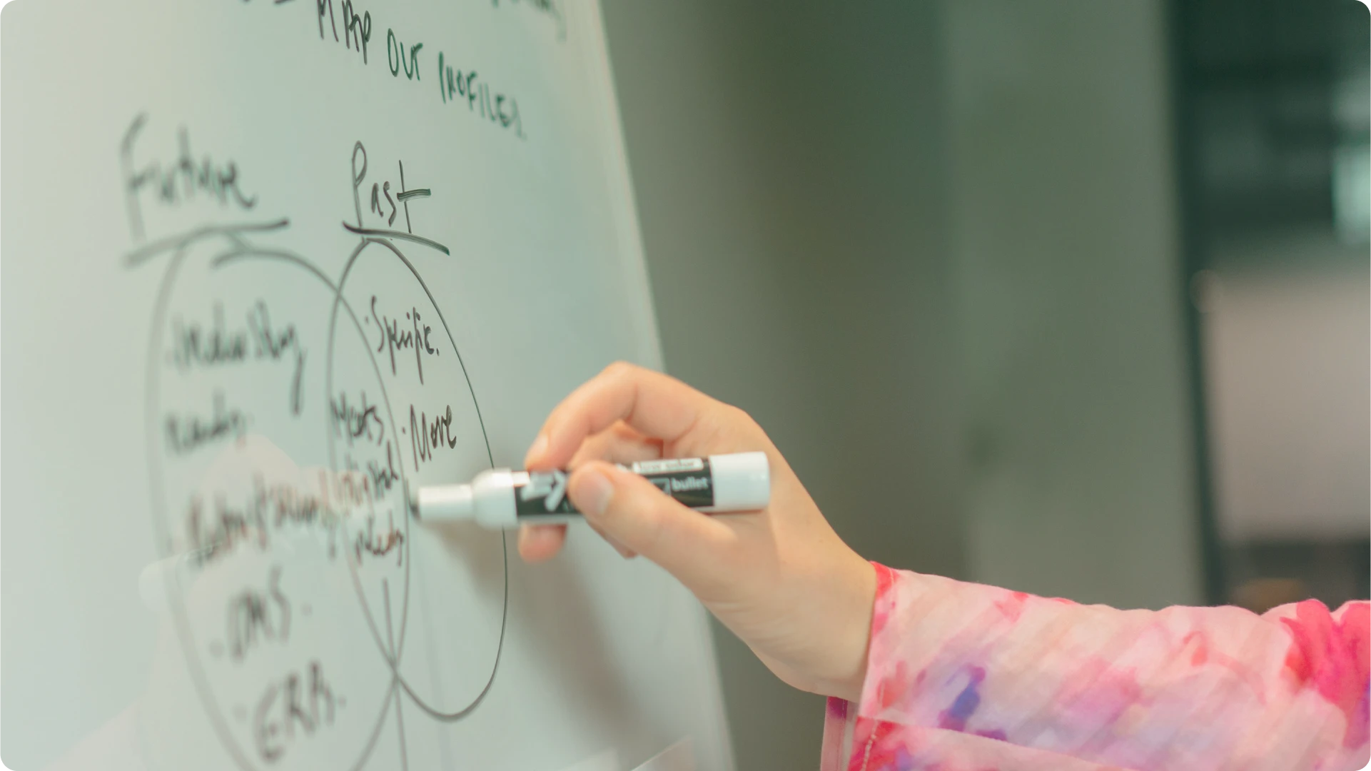 Close up image of hand, writing on a whiteboard.